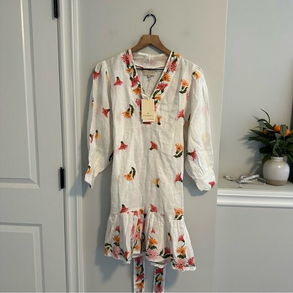 NWT HANNAH Artwear White Orange Pink Linen Floral Embroidered Mini Dress 1 Small - Picture 15 of 15